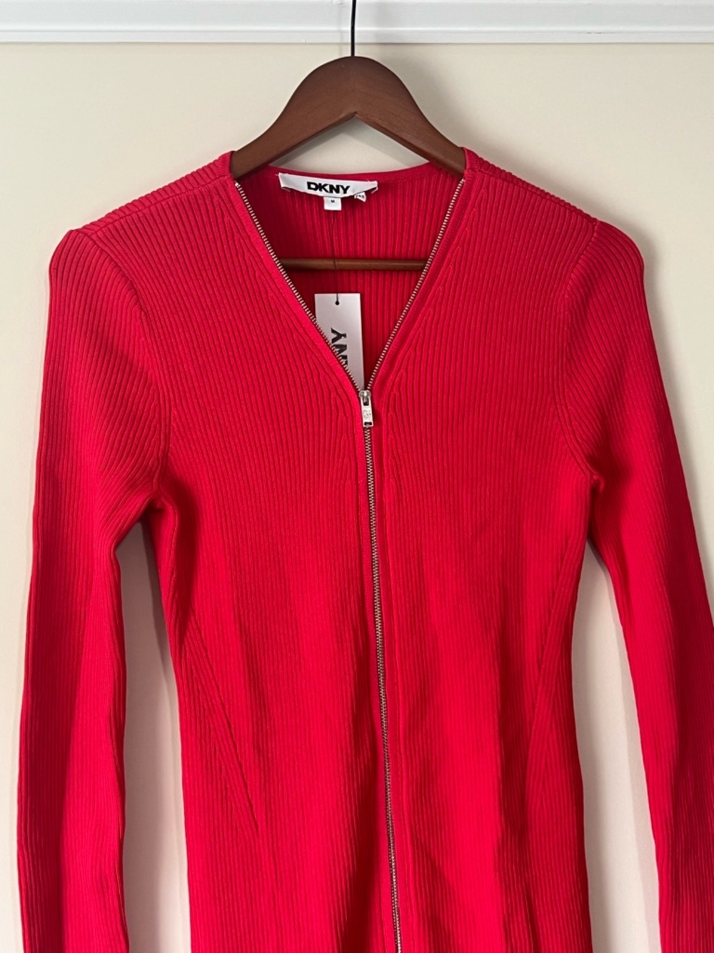 DKNY Red Ribbed Zip-Front Long Sleeve Dress - Picture 4 of 9